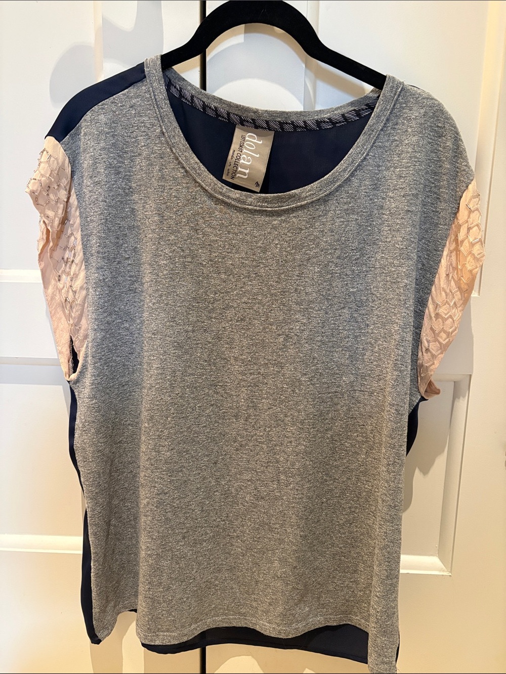 dolan Gray Tee with Blush beaded Sleeves and Navy scarf Back Panel